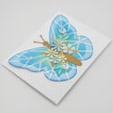Blue Butterfly 3D Greeting Card | Handmade Blank Card with Teal and Gold Flowers
