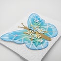 Blue Butterfly 3D Greeting Card | Handmade Blank Card with Teal and Gold Flowers