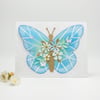 Blue Butterfly 3D Greeting Card | Handmade Blank Card with Teal and Gold Flowers