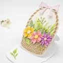 Unique Flower Basket Greeting Card | Handmade 3D Flowers & Pink Bow | Blank Card