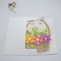Unique Flower Basket Greeting Card | Handmade 3D Flowers & Pink Bow | Blank Card