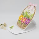 Unique Flower Basket Greeting Card | Handmade 3D Flowers & Pink Bow | Blank Card
