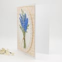 Lavender Flower Bouquet: Handmade 3D Blank Greeting Card with White Lace Medallion & Vintage Letter