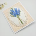 Lavender Flower Bouquet: Handmade 3D Blank Greeting Card with White Lace Medallion & Vintage Letter