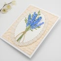 Lavender Flower Bouquet: Handmade 3D Blank Greeting Card with White Lace Medallion & Vintage Letter