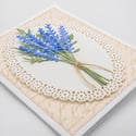 Lavender Flower Bouquet: Handmade 3D Blank Greeting Card with White Lace Medallion & Vintage Letter
