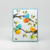 Colorful Birds on Branches: Handmade Blank Greeting Card with Apples, Flowers & Leaves