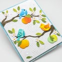 Colorful Birds on Branches: Handmade Blank Greeting Card with Apples, Flowers & Leaves