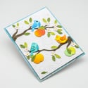 Colorful Birds on Branches: Handmade Blank Greeting Card with Apples, Flowers & Leaves