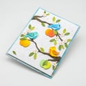 Colorful Birds on Branches: Handmade Blank Greeting Card with Apples, Flowers & Leaves