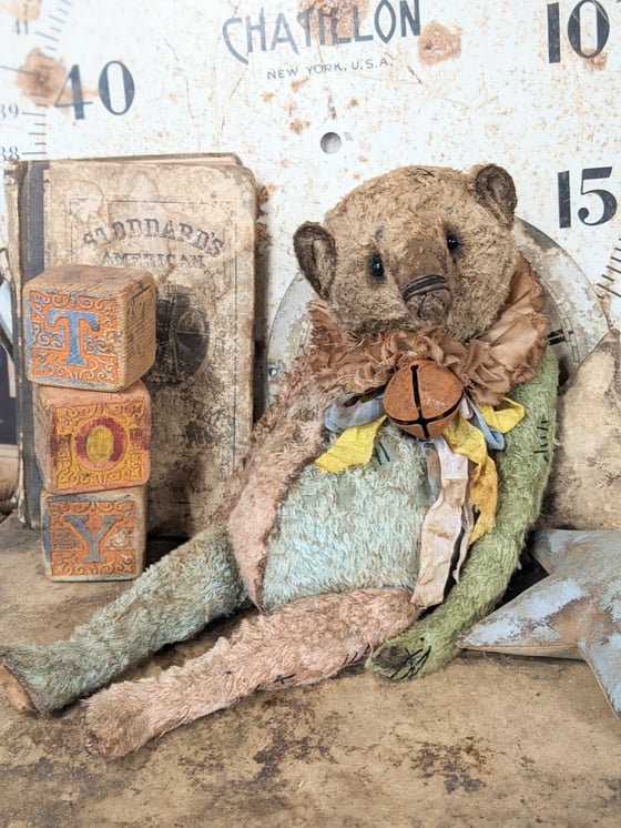 Image of SCRAPS - the weathered old 12.5" vintage style frumpy multi color Teddy Bear by Whendi's Bears