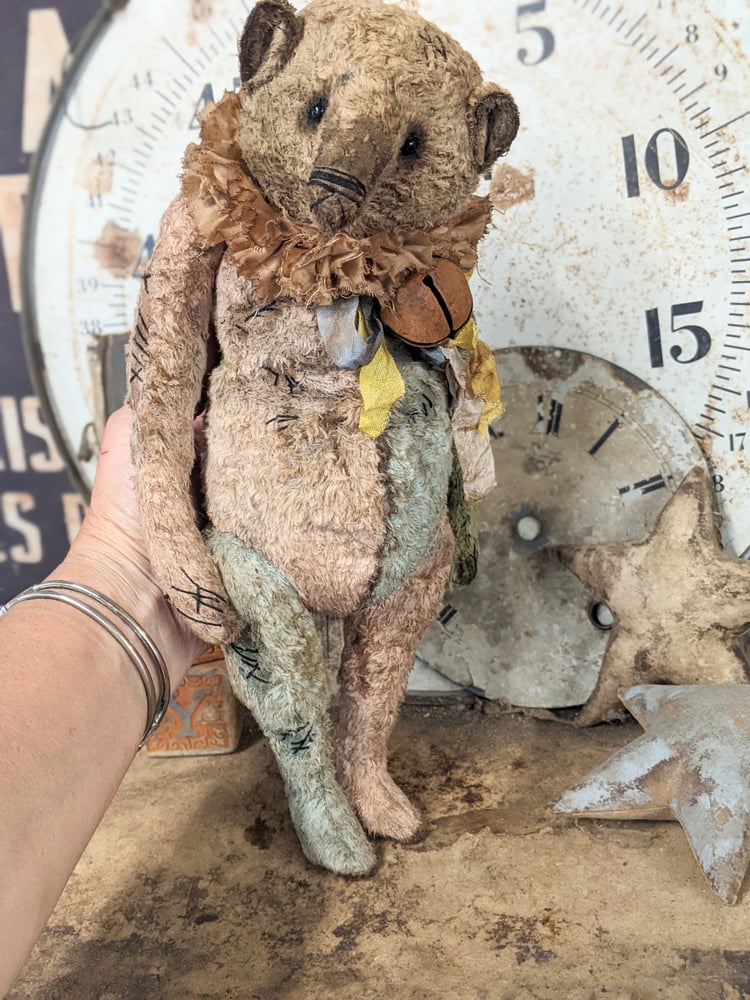 Image of SCRAPS - the weathered old 12.5" vintage style frumpy multi color Teddy Bear by Whendi's Bears
