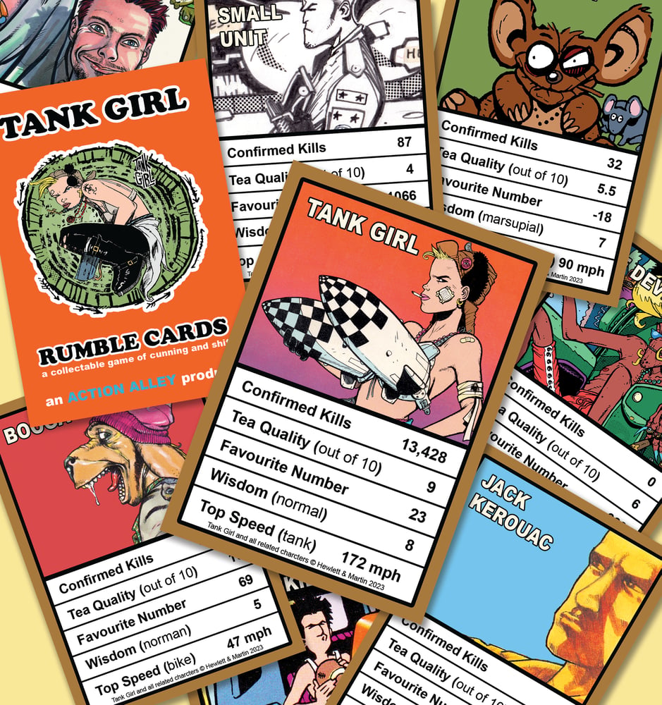 Image of TANK GIRL POSTER MAGAZINE #18 - with BOOGA SURF BOARDS PATCH and TG RUMBLE CARDS GAME!