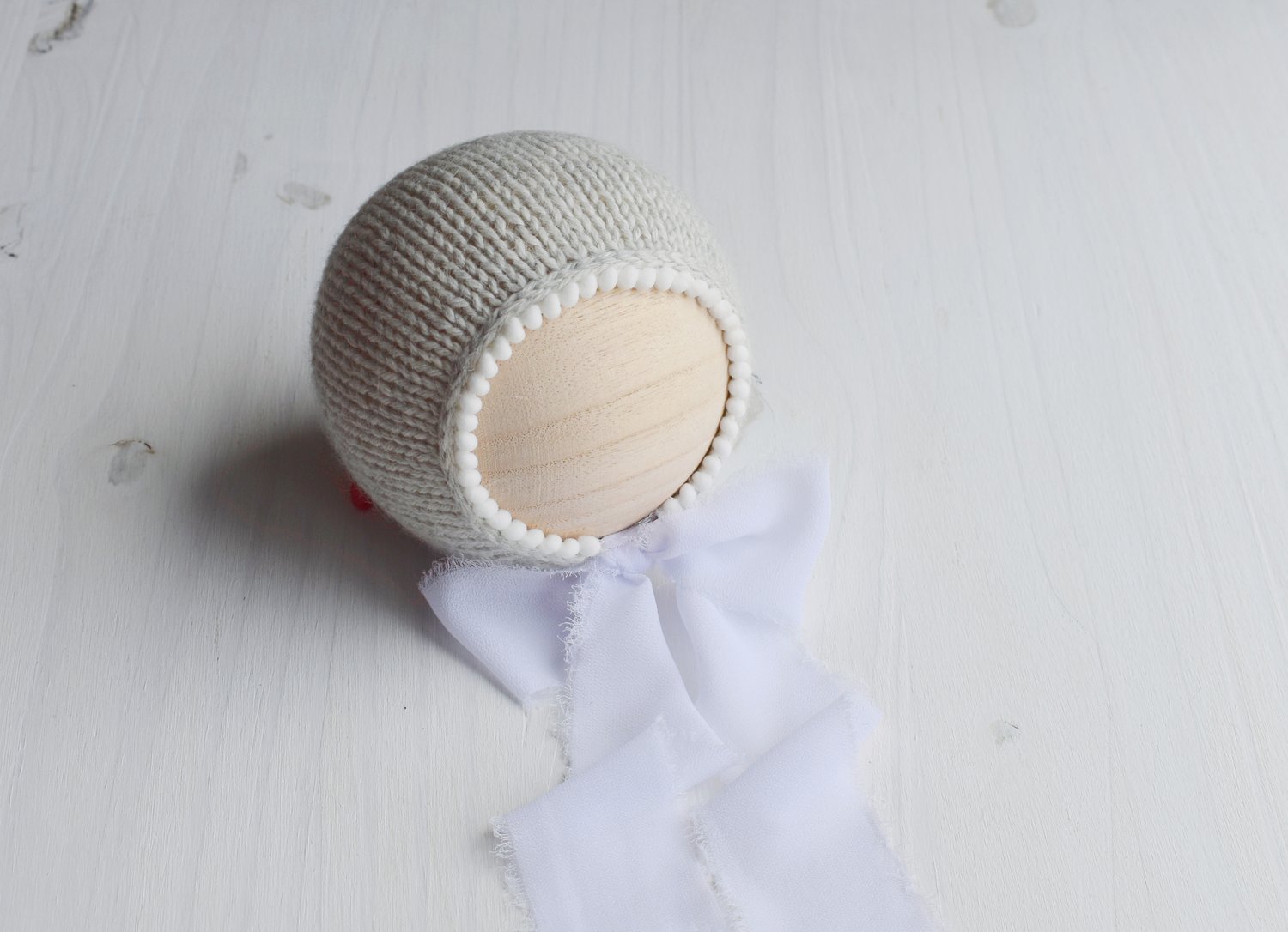 Image of Light Grey Pom Pom Trimmed Bonnet