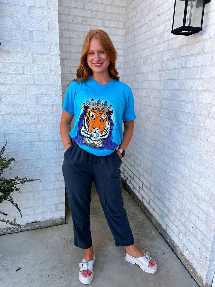 Image of Adult Tiger Queen V neck on Turquoise 