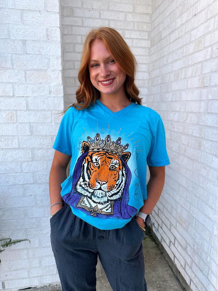 Image of Adult Tiger Queen V neck on Turquoise