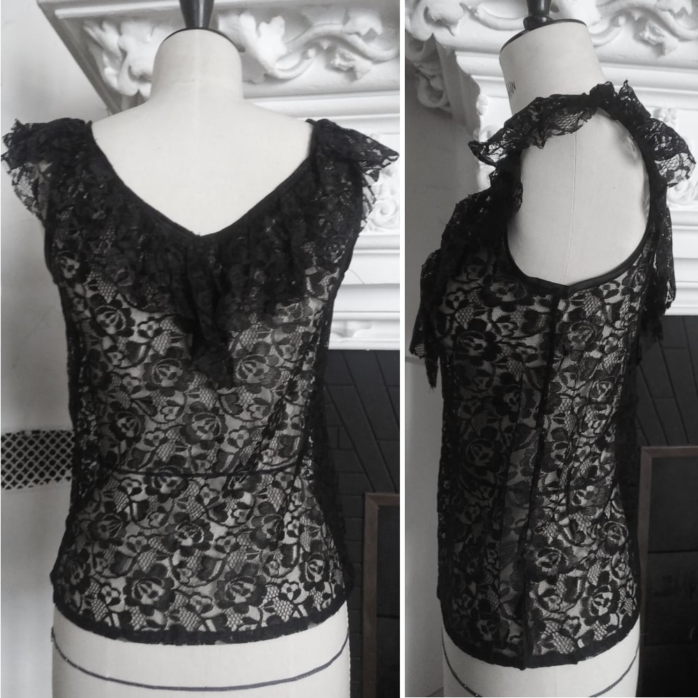 Image of COLOMBINE. BLACK LACE TOP ※ Handmade, ruffles, v-neck