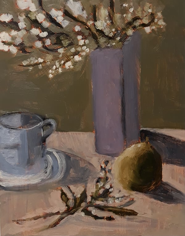 Image of Poire, fleurs et tasse