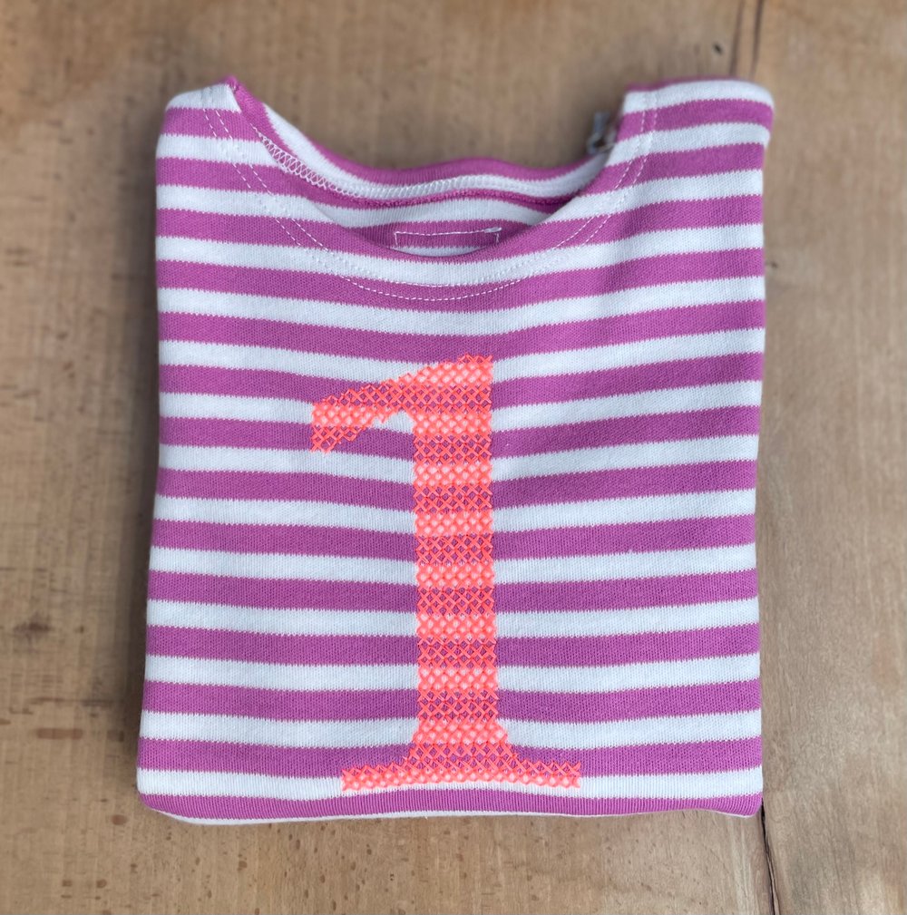 Image of NEU Geburtstags-Shirt lila gestreift mit 1, 2, 3, 4, 5 oder 6* in neon orange Art.266319