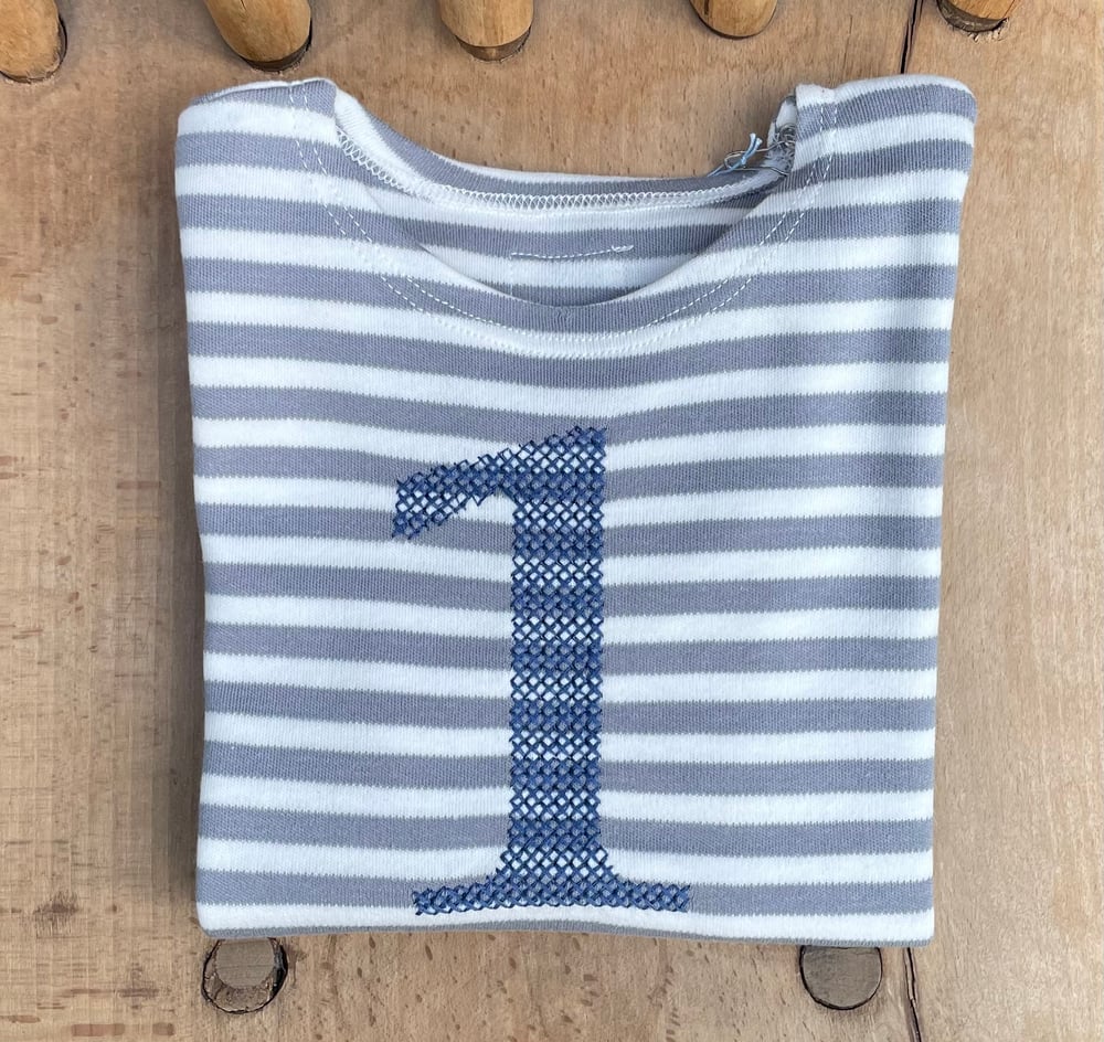 Image of NEU Geburtstags-Shirt grau gestreift mit blauer Zahl 1, 2, 3, 4, 5 oder 6* Art.266315
