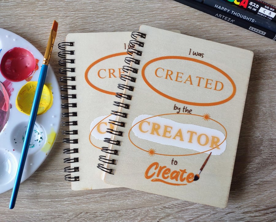 Image of Spiral Bound Wooden Notebook | 'I Was Created by the Creator to Create' | Premium Craftsmanship