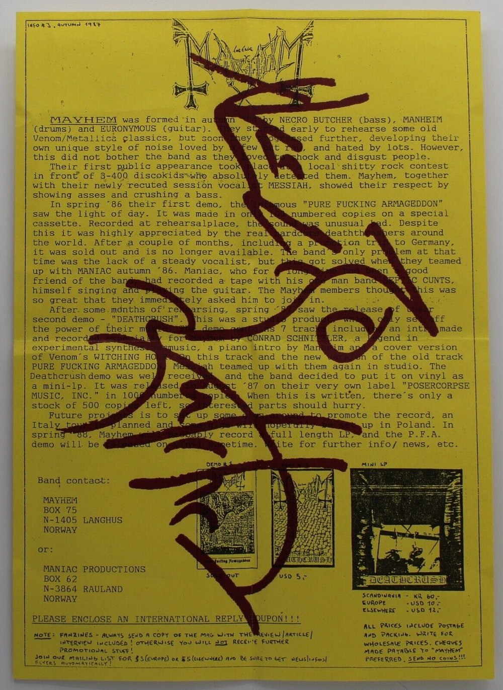 MAYHEM PURE FUCKING ARMAGEDDON TAPE Deathcrush Records