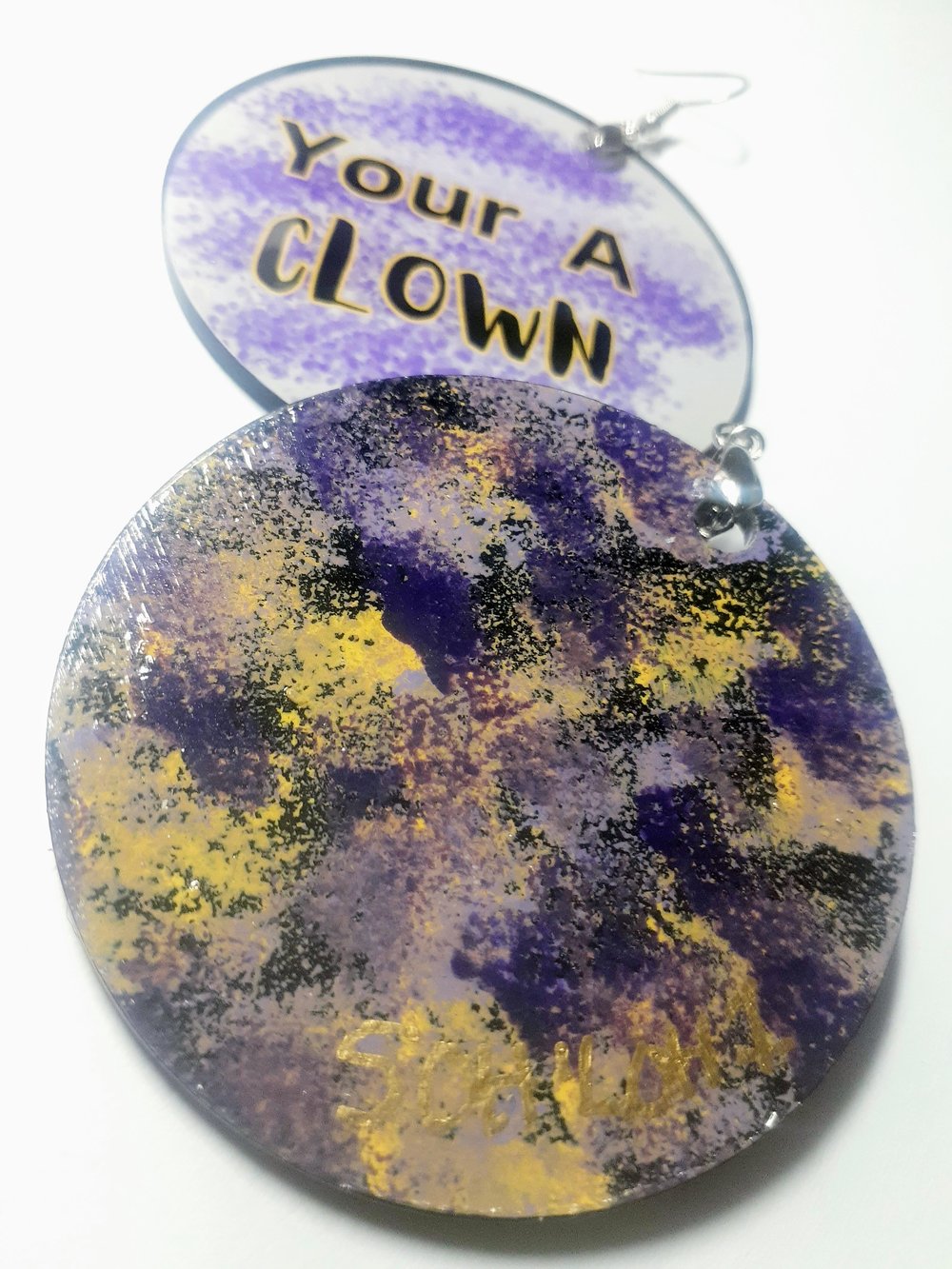 Image of Your a Clown, Custom, Statement, dangling earrings