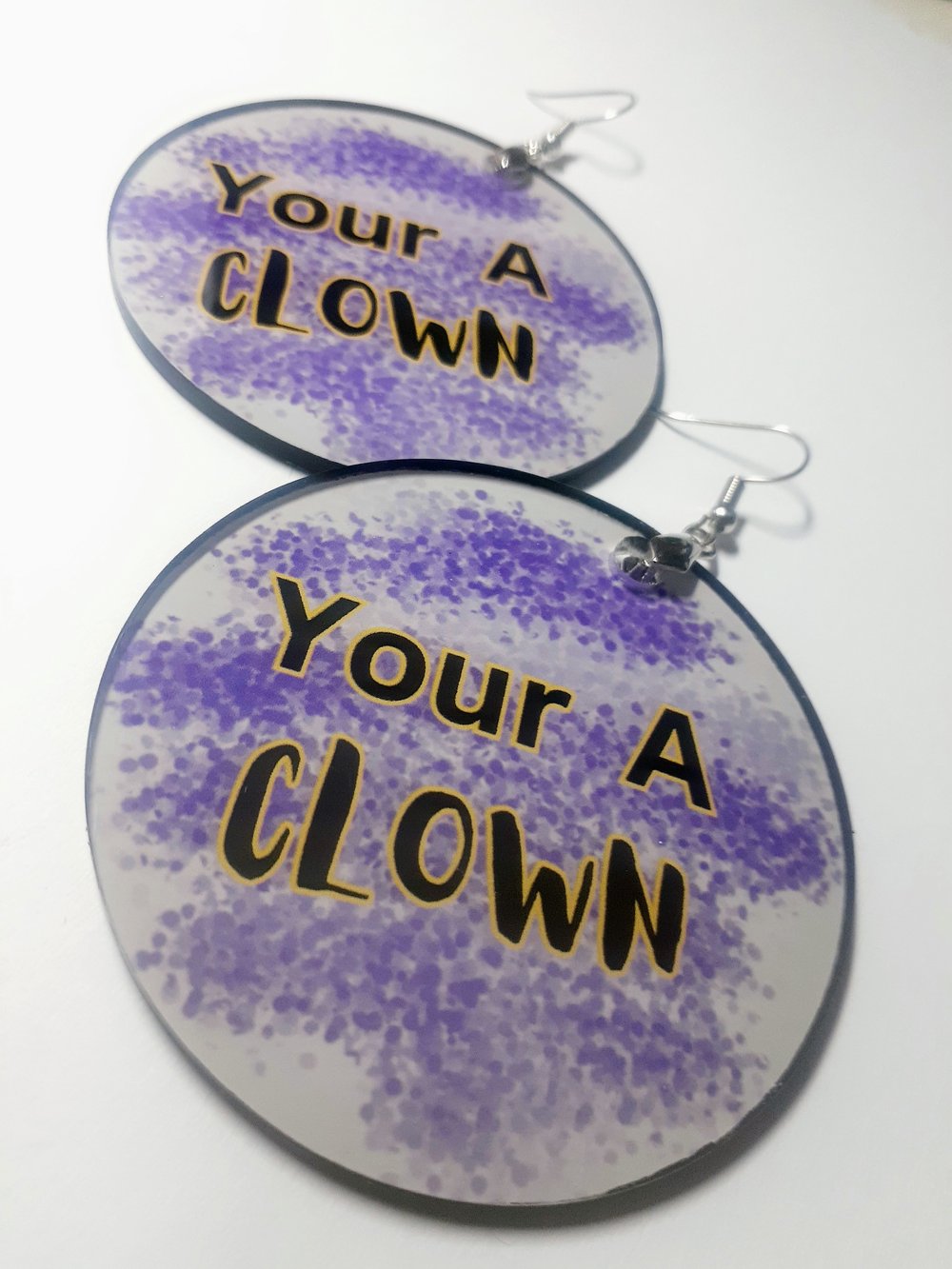 Image of Your a Clown, Custom, Statement, dangling earrings