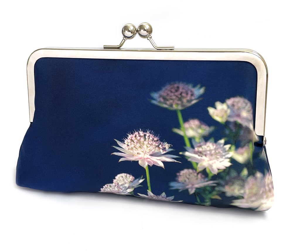 Image of Blue astrantia, printed silk clutch bag + chain handle