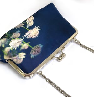 Image of Blue astrantia, printed silk clutch bag + chain handle
