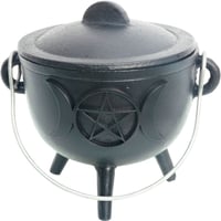 Image 1 of Cast Iron Cauldron Small 4.5in Triple Moon w/ Pentacle