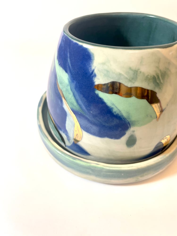 Image of Blue, Green, and Gold Cylindrical Planter and Tray