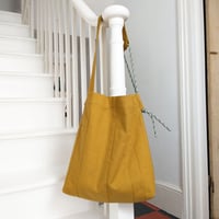 Image 1 of One-of-a-kind Ochre Patchwork Canvas Bag with Blue Patterned Cord Strap. Upcycled. 003