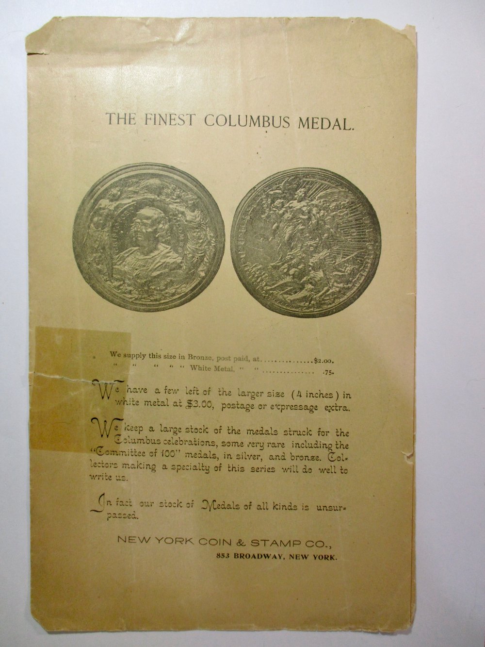WORLD'S COLUMBIAN 4-PAGE RARE 1893 MEDALS BROCHURE