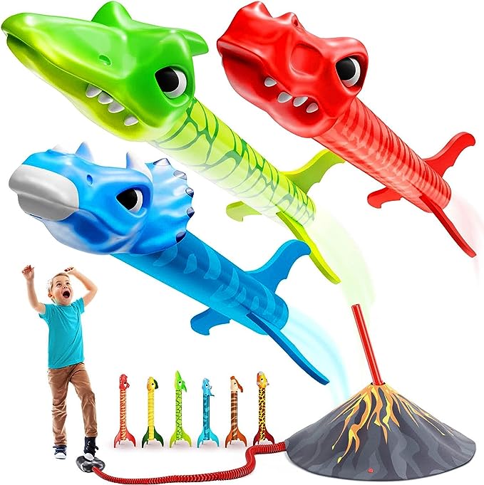 Image of Dinosaur Toy Rocket Launcher for Kids - 6 Colorful Dinos - Fun Outdoor Kids Toys