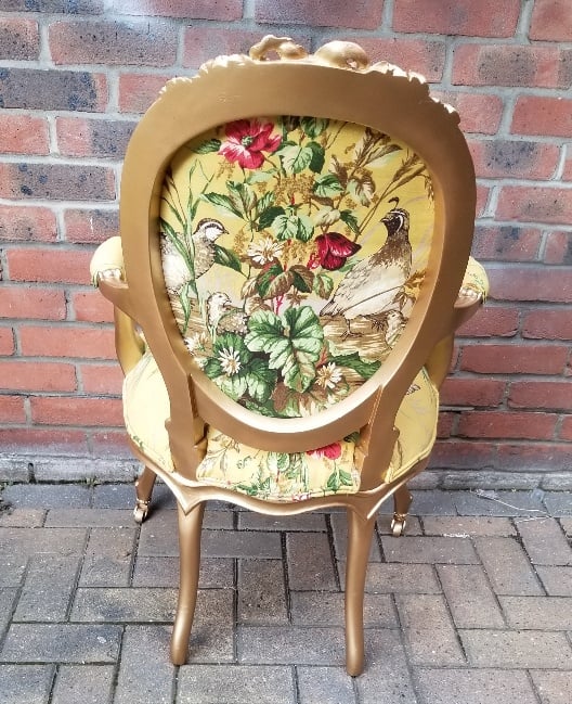 ANTIQUE SCALAMANDRE FABRIC FRENCH ARM CHAIR
