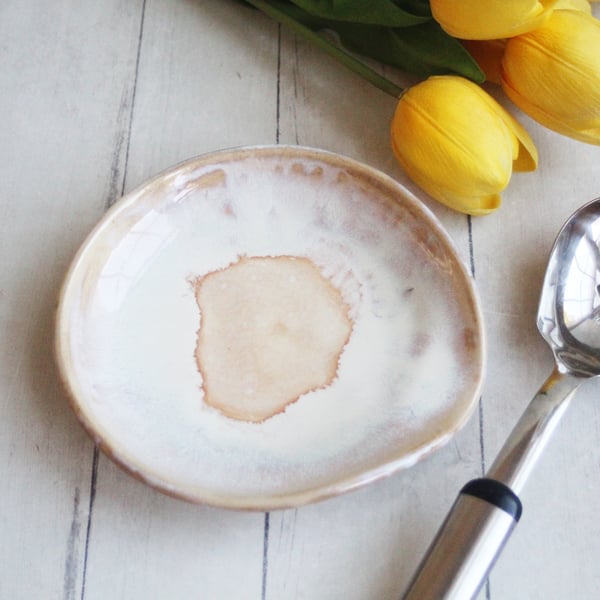 Image of Large Spoon Rest Handcrafted Pottery Spoon Holder in White and Ocher Glaze