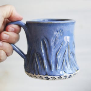 Image of Hand Carved Blue Stoneware Mug, Hand Carved Pottery Mug, Made in USA