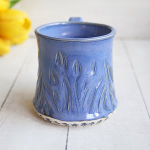 Image of Hand Carved Blue Stoneware Mug, Hand Carved Pottery Mug, Made in USA