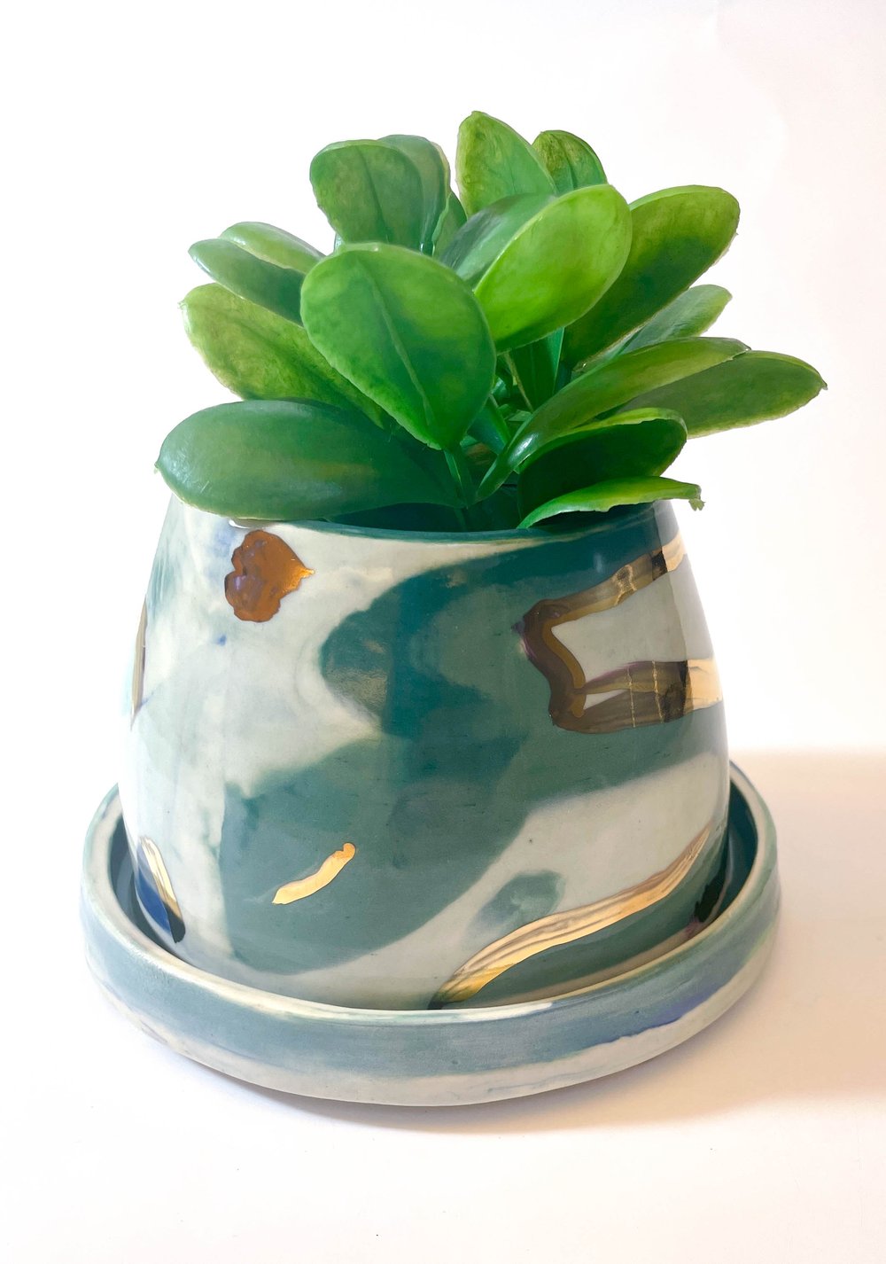 Image of Blue, Green, and Gold Cylindrical Planter and Tray