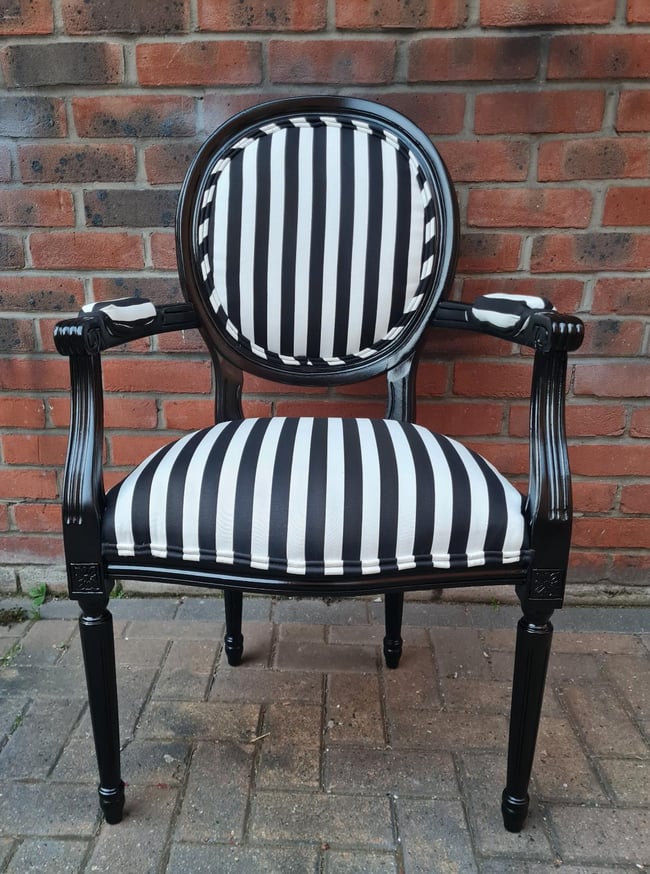 FRENCH LOUIS STYLE BLACK & WHITE STRIPES VINTAGE ARM CHAIR