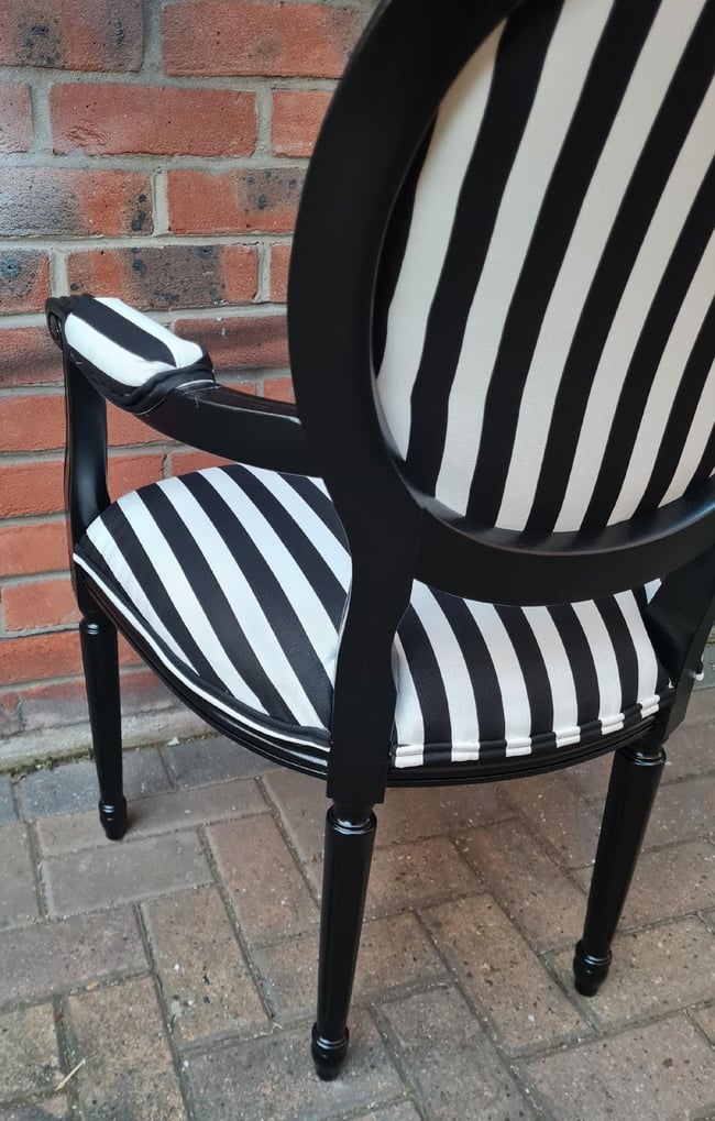 FRENCH LOUIS STYLE BLACK & WHITE STRIPES VINTAGE ARM CHAIR