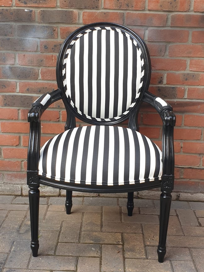 FRENCH LOUIS STYLE BLACK & WHITE STRIPES VINTAGE ARM CHAIR
