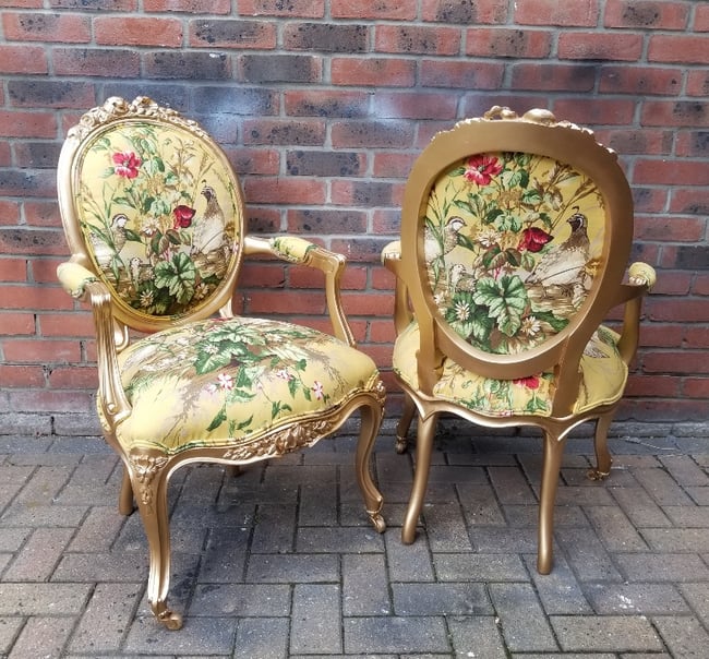 ANTIQUE ROCOCO SCALAMANDRE FABRIC  GOLD ARM CHAIR