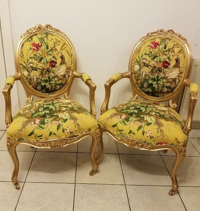 ANTIQUE ROCOCO SCALAMANDRE FABRIC  GOLD ARM CHAIR