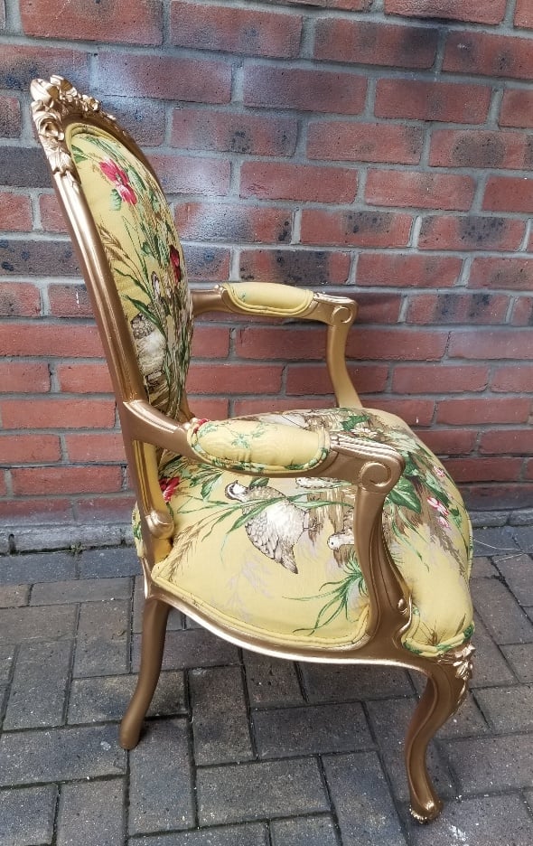 ANTIQUE ROCOCO SCALAMANDRE FABRIC  GOLD ARM CHAIR