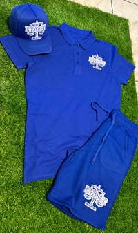 Image 1 of Blue Paisley/Bandana Print "DIFFERENT"⚖️ (Polo Style Short Set + Trucker Hat)