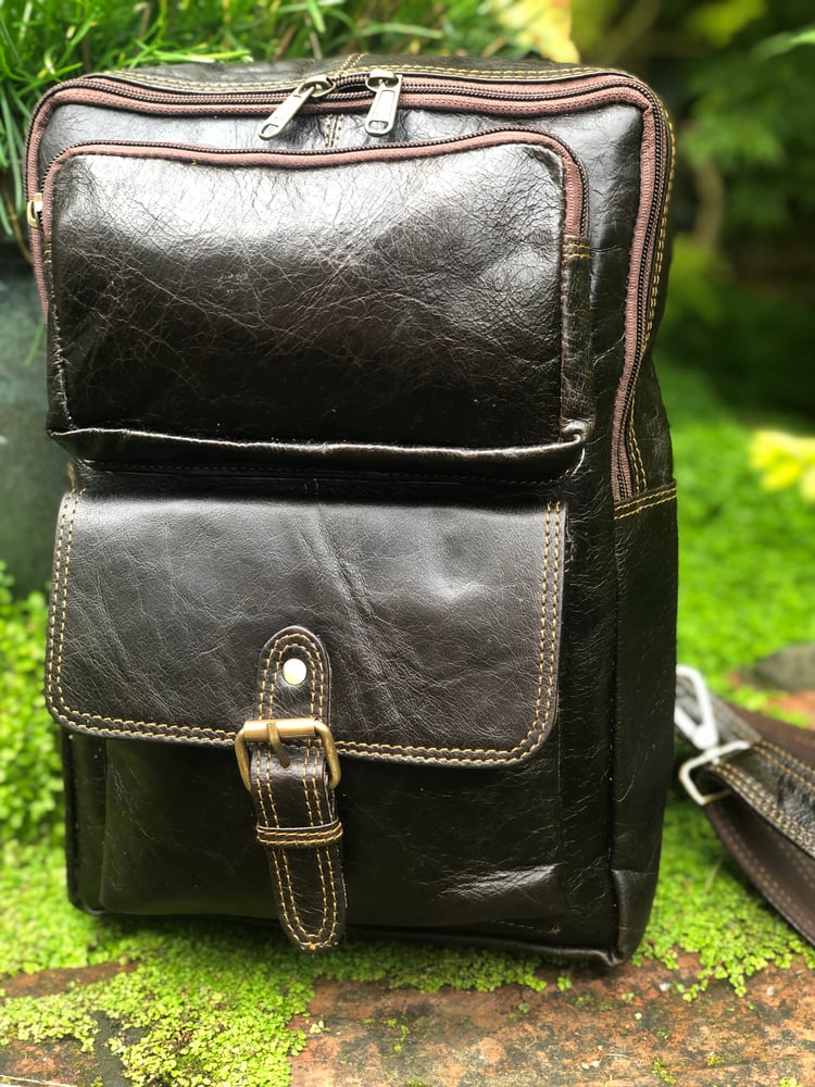 Image of  Black Rustic Leather Backpack - 12.5”