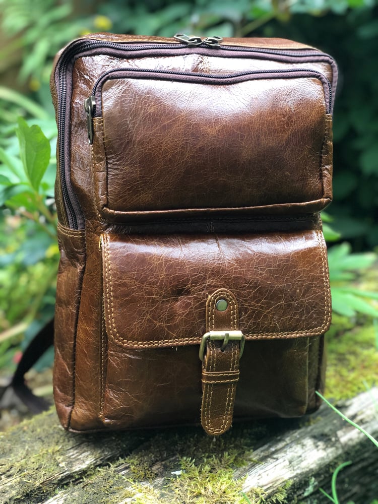 Image of Brown Rustic Leather Backpack - 12.5”