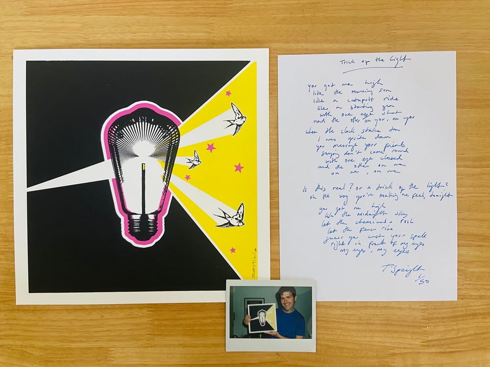 Image of 'TRICK OF THE LIGHT' LIMITED SCREEN PRINT + LYRIC SHEET + UNIQUE POLAROID